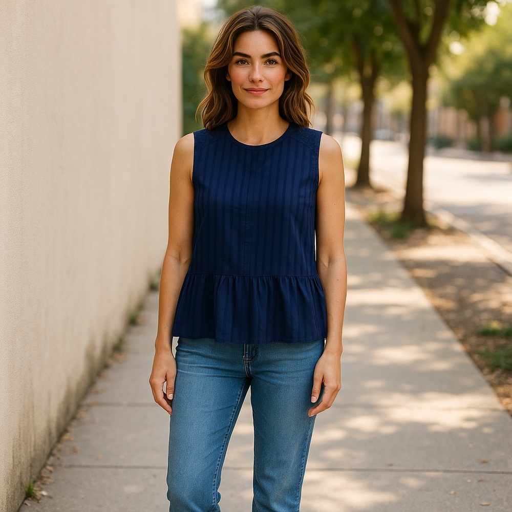 LARA‎ Blue Peplum Blouse with Textured Knit